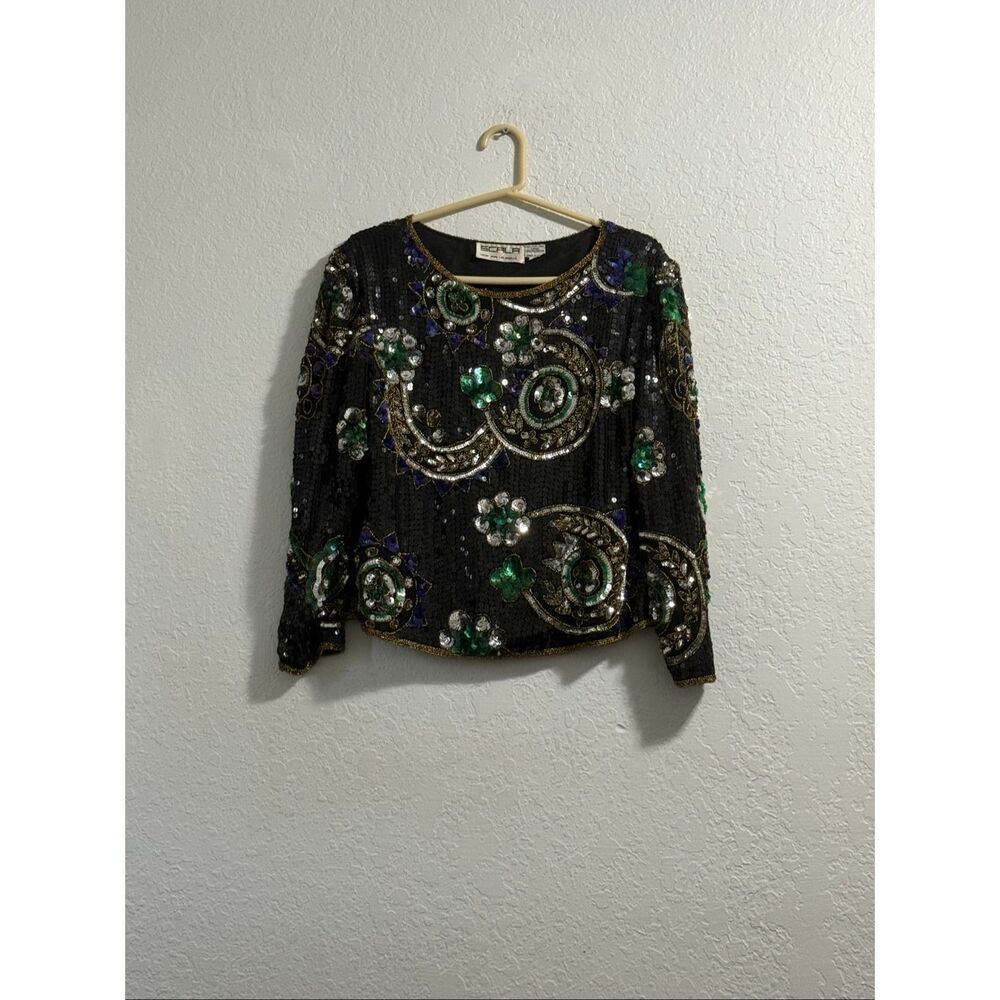 Sequined Mardi Gras Top By Scala of Milan and Paris., Silk, Sequins S
